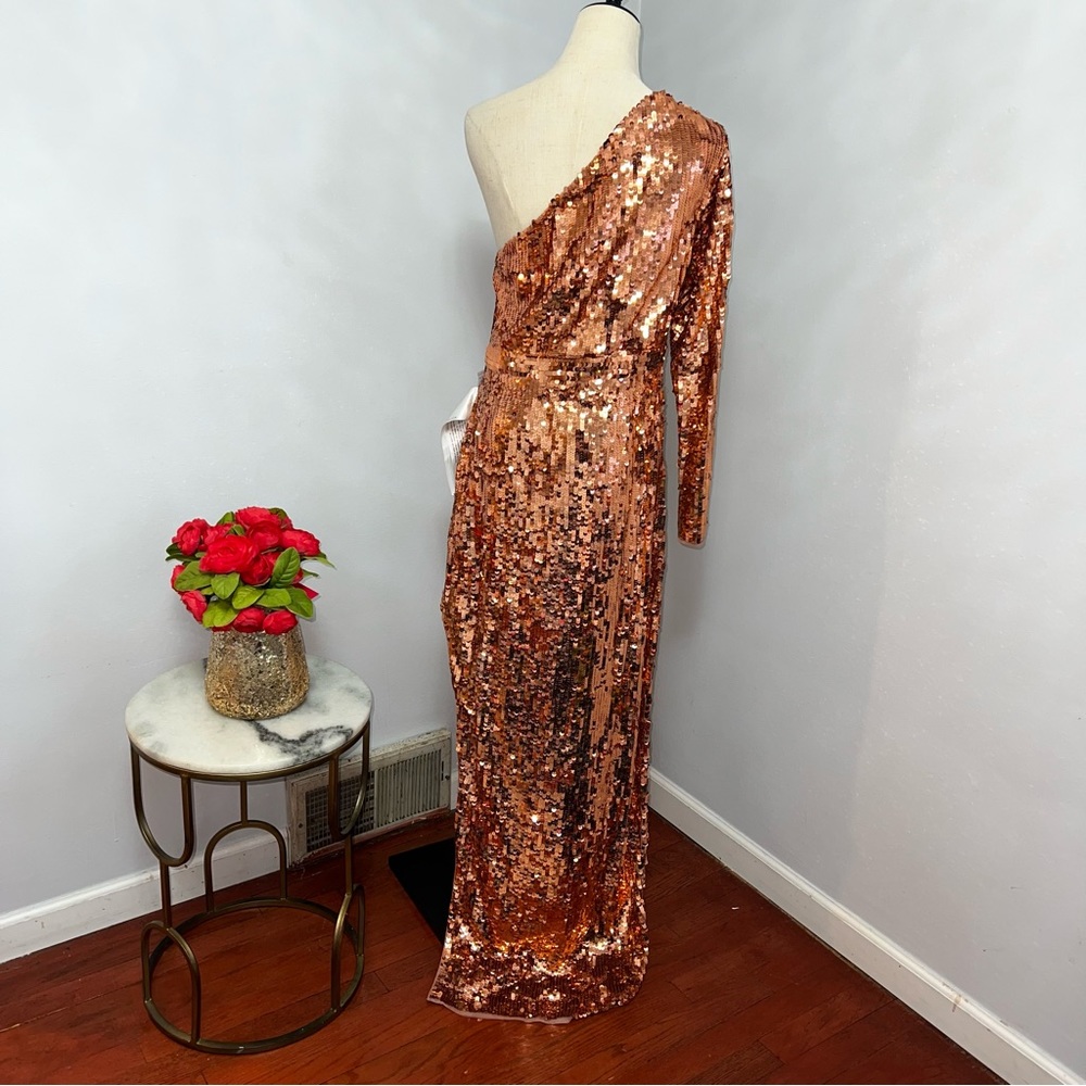 MAC DUGGAL Copper Long Sleeve One Shoulder Sequin Gown With Slit - New W/Tag - Picture 13 of 17